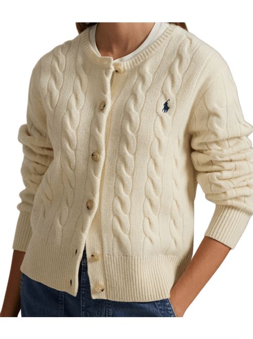 Cardigan da donna in misto lana e cashmere con lavorazione a trecce, girocollo, color crema POLO RALPH LAUREN | 211972104002